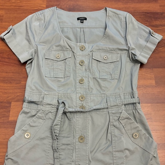 Talbots Safari Button Up Utility Shirt Dress Army Green Belted Stretch Size 6 - Picture 3 of 15